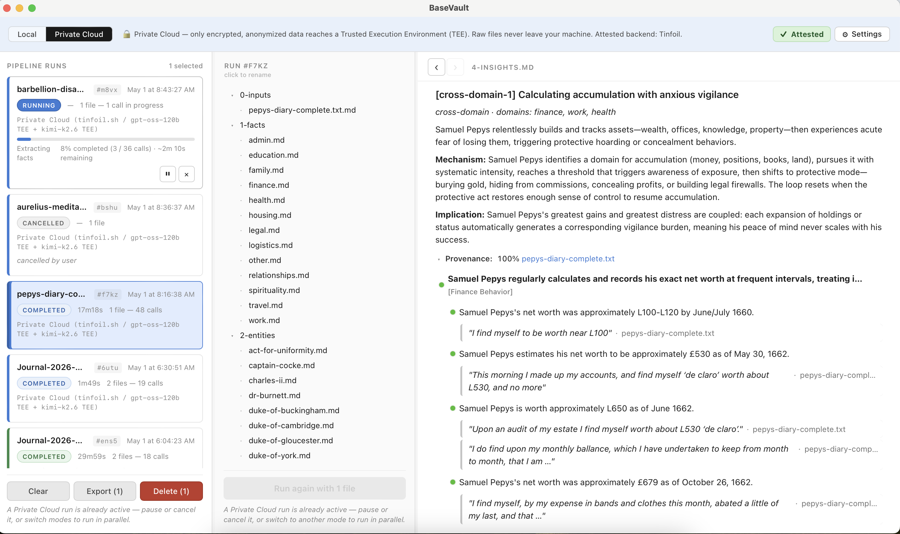 BaseVault: three-pane workspace with runs panel, file tree, and markdown render. The top bar shows the Private Cloud (TEE) mode active with an Attested verification badge.
